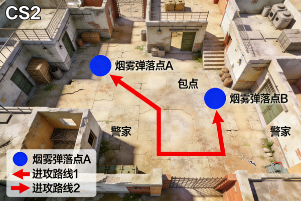 CS2投掷物烟雾弹落点与进攻路线示意图